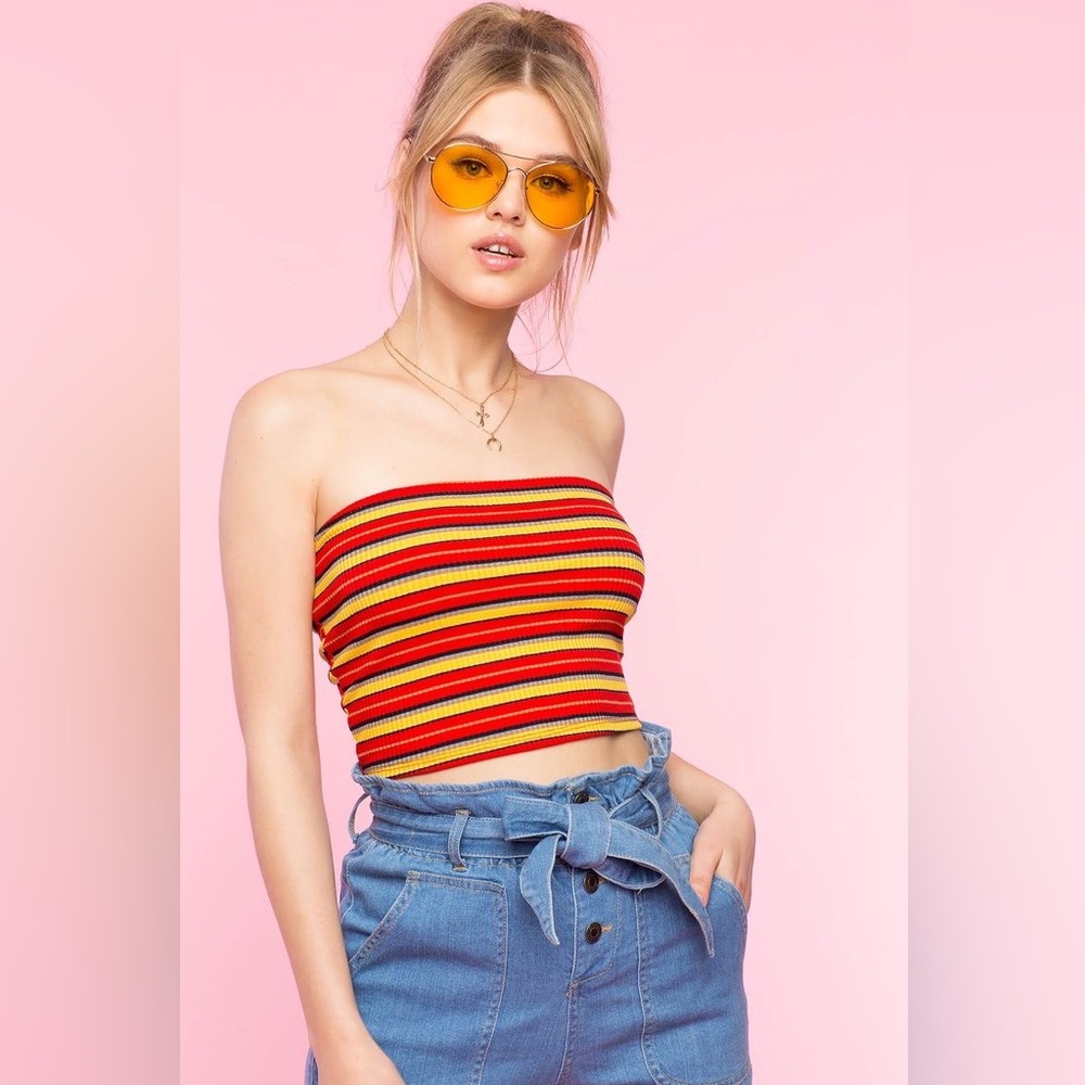 🎽Red & Yellow Striped Ribbed Tube Top